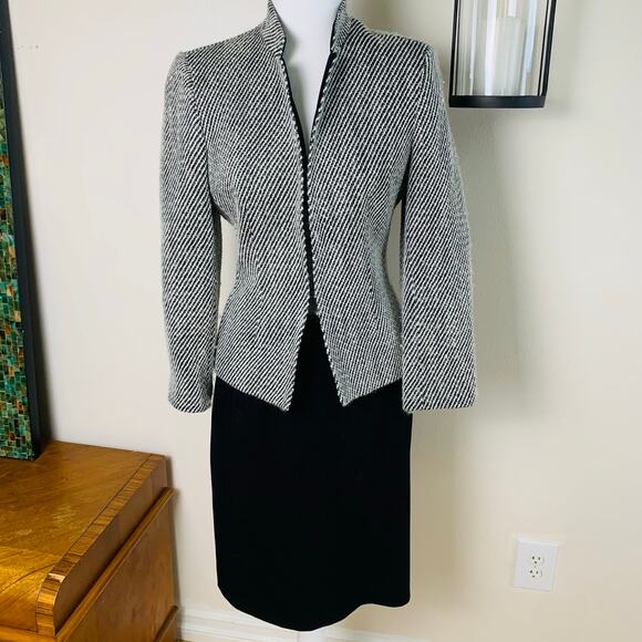 Kasper Size 8P 2-Piece Skirt Suit Belted Blazer Jacket Wool Career Black White - Picture 3 of 14